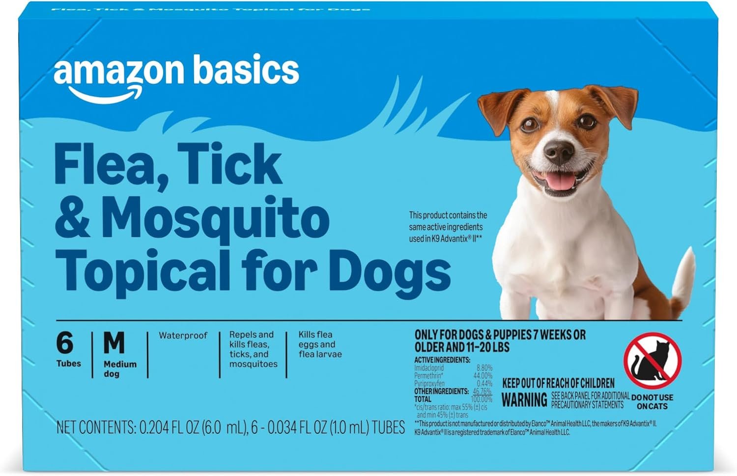 Amazon Basics Flea, Tick & Mosquito Topical Treatment & Prevention for Medium Dogs (11-20 pounds), Fast-Acting, Kills Fleas, Eggs & Larvae, 30 Day Protection, 6 Count, Packaging May Vary Amazon Basics Flea, Tick & Mosquito Topical Treatment & Prevention for Medium Dogs (11-20 pounds), Fast-Acting, Kills Fleas, Eggs & Larvae, 30 Day Protection, 6 Count, Packaging May Vary