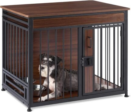 Amazon Basics Furniture Style Dog Crate, Sturdy Wooden Pet Kennel, End Table with Space for Pet, Two Bowls Included, 30″ x 20.4″ x 23.6″, Walnut