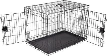 Amazon Basics Portable, Easy to Assemble, Foldable Metal Wire Dog Crate with Removable Tray, Double Door, Divider Panel, Handle, 36″ x 23″ x 25″, Black