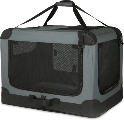 Amazon Basics Portable Folding Soft Dog Crate, 4-Doors, Collapsible Travel Kennel for Cat, Dog, and Small Animals, Quick Setup, Small 26″ x 18″ x 18″, Grey