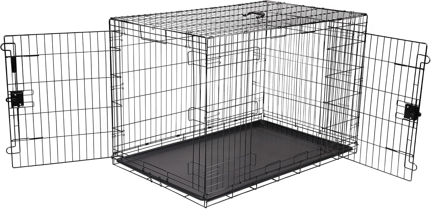 Amazon Basics Portable Metal Wire Dog Crate for Large Dogs, Double Door with Removable Tray, Divider Panel, Easy to Assemble, 48″ x 30″ x 32.5″, Black Amazon Basics Portable Metal Wire Dog Crate for Large Dogs, Double Door with Removable Tray, Divider Panel, Easy to Assemble, 48″ x 30″ x 32.5″, Black