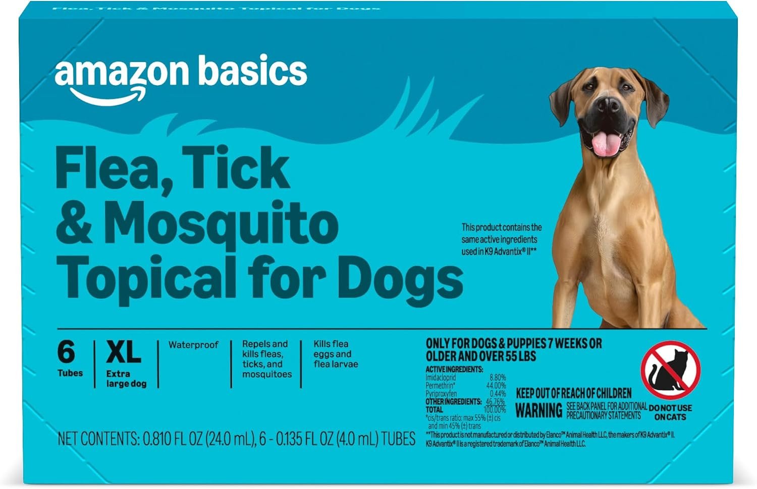 Amazon Basics Preventative Flea, Tick & Mosquito Topical Treatment for X-Large Dogs (Over 55 pounds), Kills Fleas, Long-Lasting, 6 Count, Packaging May Vary Amazon Basics Preventative Flea, Tick & Mosquito Topical Treatment for X-Large Dogs (Over 55 pounds), Kills Fleas, Long-Lasting, 6 Count, Packaging May Vary