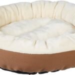 Amazon Basics Round Bolster Pet Bed for Dog or Cat with Flannel Top, 20.0″ L x 20.0″ W x 6.0″ Th, Up to 11lbs, Brown and Ivory
