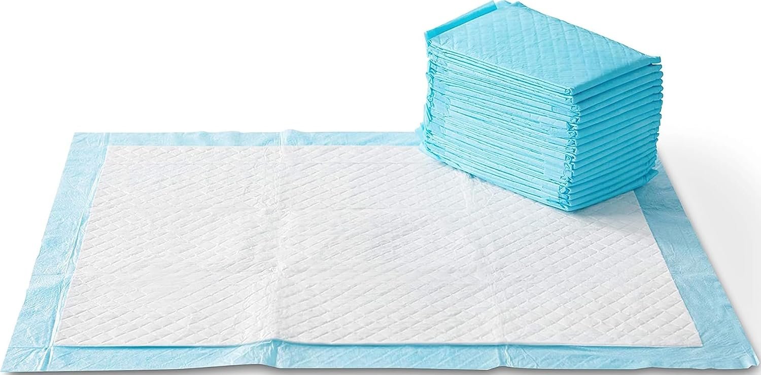 Amazon Basics X-Large Heavy Duty Absorbent Puppy Potty Pads, Leak-Proof, Quick-Dry, Super Absorbent Gel Technology for Dog Training, 28 x 34 Inches, Blue & White, Pack of 50 Amazon Basics X-Large Heavy Duty Absorbent Puppy Potty Pads, Leak-Proof, Quick-Dry, Super Absorbent Gel Technology for Dog Training, 28 x 34 Inches, Blue & White, Pack of 50