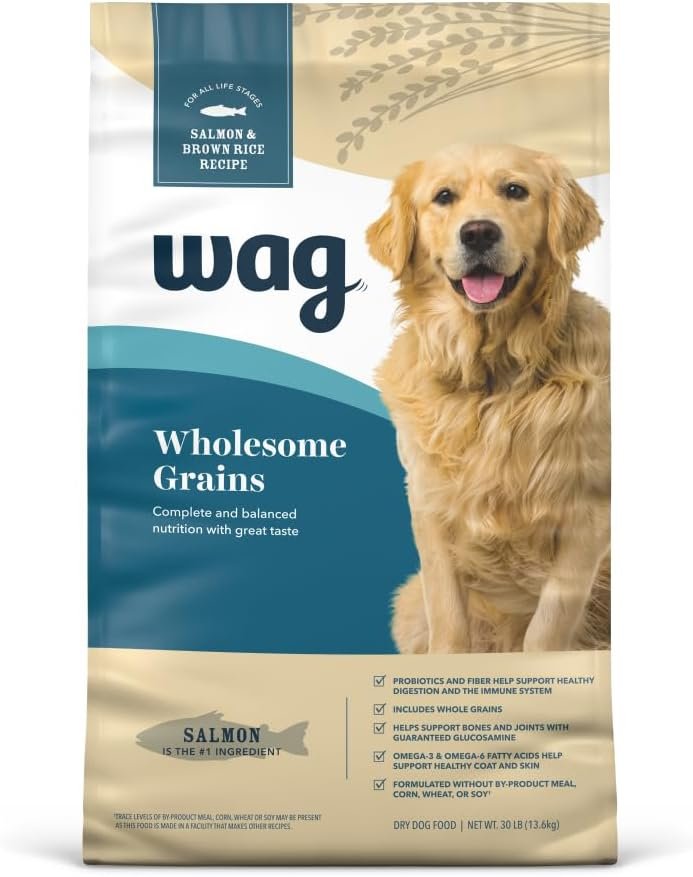 Amazon Brand – Wag Wholesome Grains Dry Dog Food with Salmon and Brown Rice, 30 lb Bag (Pack of 1) Amazon Brand – Wag Wholesome Grains Dry Dog Food with Salmon and Brown Rice, 30 lb Bag (Pack of 1)