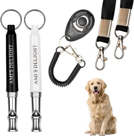 Ami’s Delight Dog Whistle Set of 5 | 2PCS Premium Quality Adjustable Dog Whistles with 2 Black Lanyards and a Dog Clicker | Ultrasonic Dog Whistle to Stop Barking Neighbors Dog