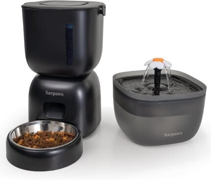 Automatic Cat Feeder and Water Dispenser FW1, Wire or Battery Cat Food Dispenser Timer Pet Feeder - Locking Lid, Desiccant Bag, Programmable Portion Control, 4 Daily Meals, 10s Voice Recorder