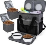BAGLHER Dog Travel Bag with 2 Food Containers & 2 Collapsible Bowls, Pet Travel Kit with Removable Divider & Multiple Pockets, Grey