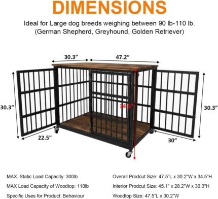 BOLDBONE 48 inch Dog Crate Furniture, Heavy Duty Dog Kennel Indoor for Large Dogs, Escape-Proof and Chew-Proof Wooden Dog Cage for high Anxiety Dog, Decorate House as TV Stand, End Table, Black Brown