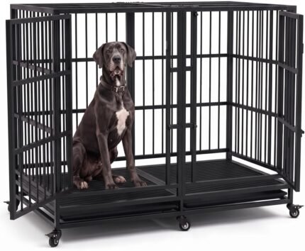 BOLDBONE 54 inch Heavy Duty Indestructible and Escape-Proof Dog Crate Cage Kennel with Divider for 2 Large Dogs, High Anxiety Dog Crate with Removable Wires Trays and Wheels, Extra Large XL XXL