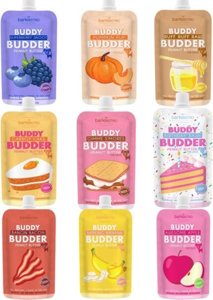 BUDDY BUDDER Dog Peanut Butter, 9 Pack Mixed Flavors, 4oz Pouches Dog Peanut Butter, Made in USA