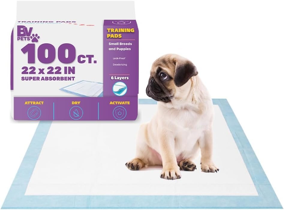 BV Puppy Pads Leak-Proof 100 Count 22″x 22″ – Absorbent Pee Pads for Dogs with 6-Layer Design, Rapid Dry Sheet & Built-in Attractant – Dog Pad with Odor Control, Perfect for Puppies & Senior Dogs BV Puppy Pads Leak-Proof 100 Count 22″x 22″ – Absorbent Pee Pads for Dogs with 6-Layer Design, Rapid Dry Sheet & Built-in Attractant – Dog Pad with Odor Control, Perfect for Puppies & Senior Dogs