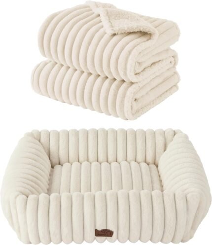 Bedsure Cute Dog Bed for Small Dogs & Cats 20x19x6inches Waterproof Dog Blankets for Small Dogs 25"x35" Cream