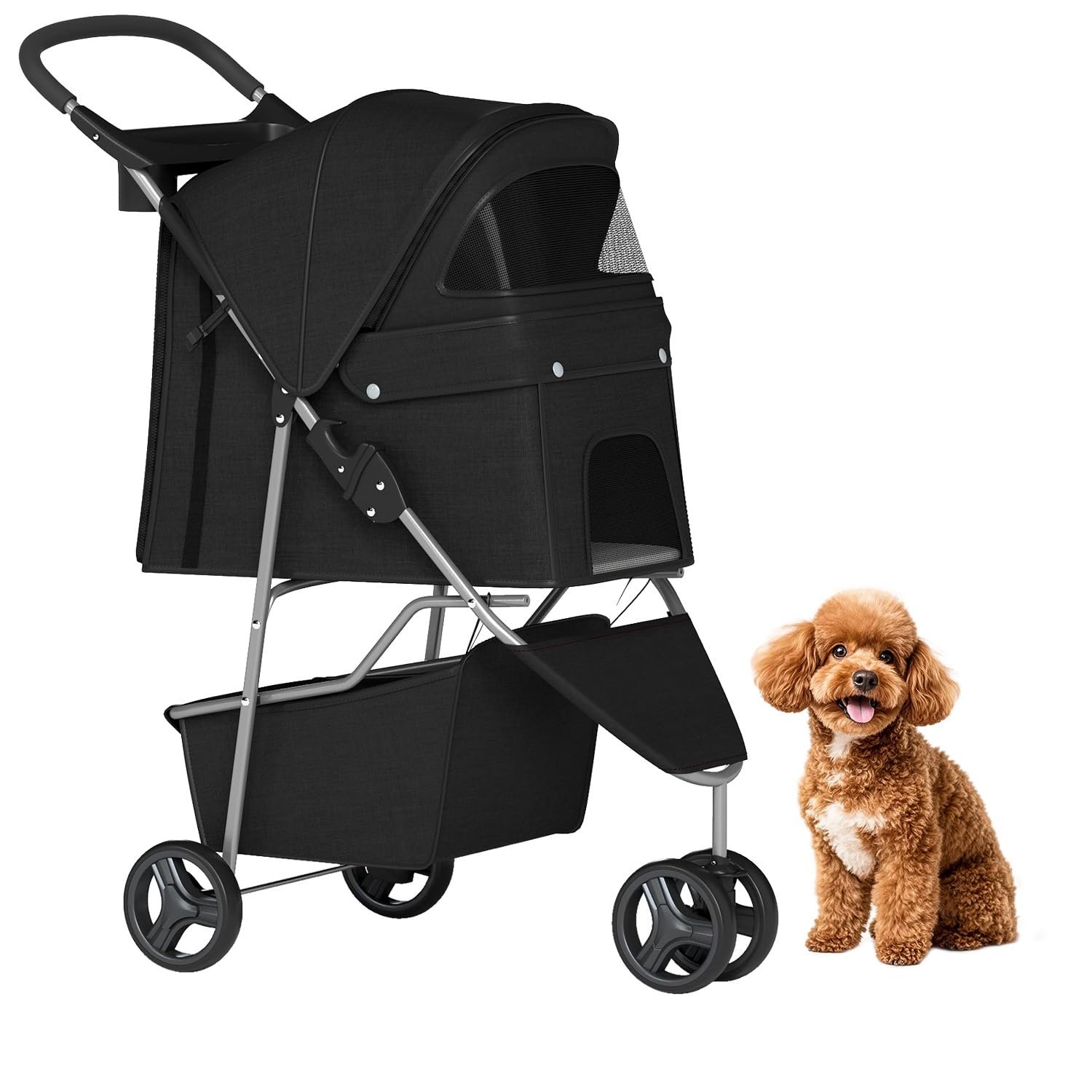 BestPet | 3-Wheel Pet Stroller | Dog and Cat Stroller | Breathable Mesh | Lightweight Travel Carrier | Waterproof & Foldable Design | Storage Basket | Black | for Daily Walks & Outdoor Use BestPet | 3-Wheel Pet Stroller | Dog and Cat Stroller | Breathable Mesh | Lightweight Travel Carrier | Waterproof & Foldable Design | Storage Basket | Black | for Daily Walks & Outdoor Use