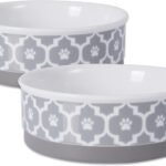 Bone Dry Paw Print Ceramic Pet Bowl, Lattice Collection, Medium Set, 6×2″, Gray, 2 Count