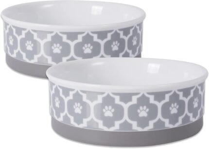 Bone Dry Paw Print Ceramic Pet Bowl, Lattice Collection, Medium Set, 6x2", Gray, 2 Count