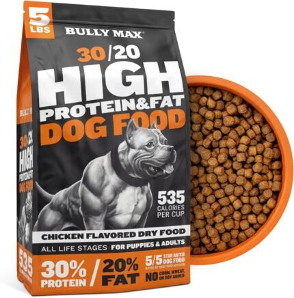Bully Max High Protein High Calorie Dog Food 30/20 Formula - 535 Cal/Cup for Muscle & Weight Gain - Small & Large Breeds & All Life Stages - No Corn Soy or Wheat, Made in USA, Chicken Flavor, 5 lb Bag