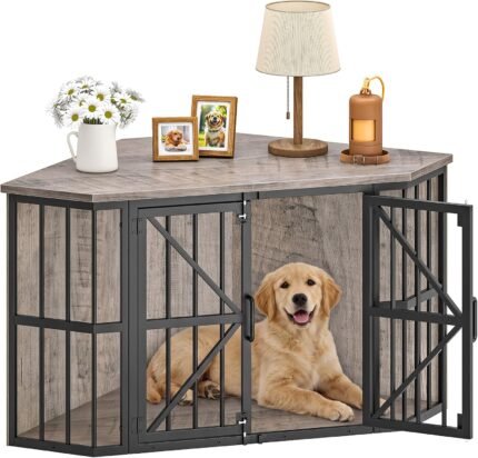 CHOEZON 44" Corner Dog Crate Furniture for Medium Dogs, Greige TGW03BG
