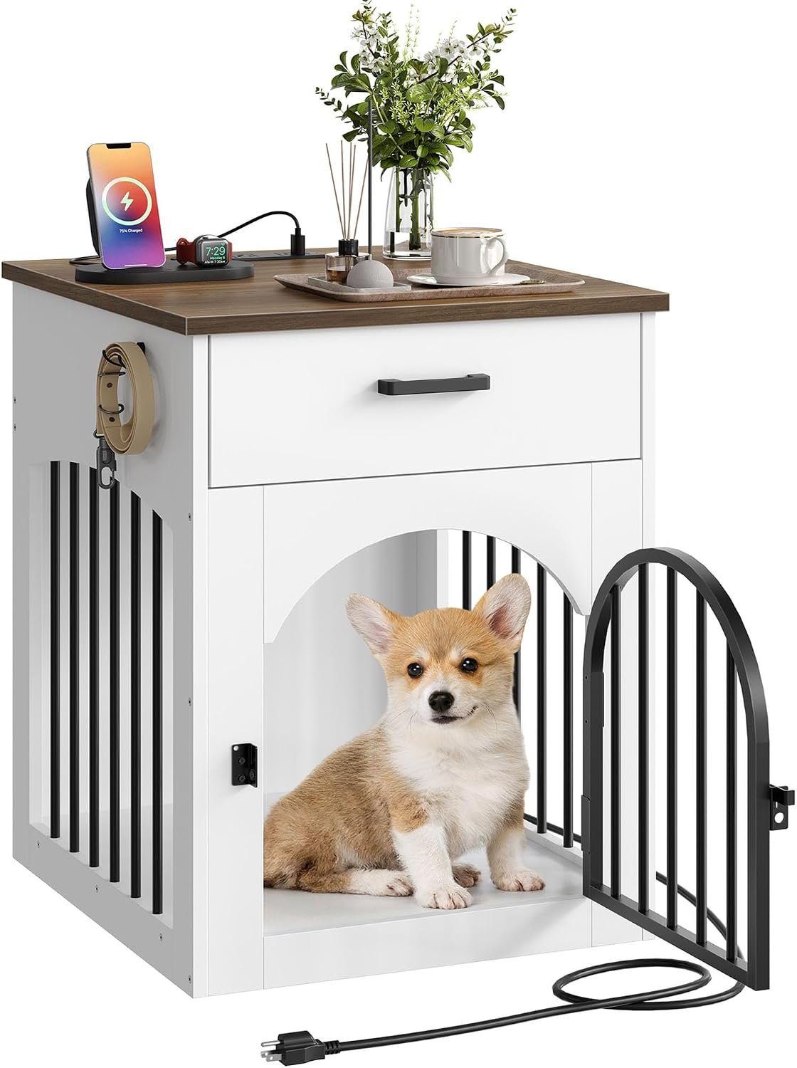 CHOEZON Dog Crate Furniture, Wooden Dog Kennel with Charging Station and Storage Drawer, Indoor Pet Crate End Table for Small Breeds, Dog Cage for Living Room, Bedroom, White and Walnut MGW01UWL CHOEZON Dog Crate Furniture, Wooden Dog Kennel with Charging Station and Storage Drawer, Indoor Pet Crate End Table for Small Breeds, Dog Cage for Living Room, Bedroom, White and Walnut MGW01UWL