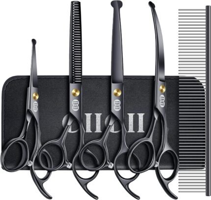CIICII Dog Grooming Scissors Kit, 7 Inch Safety Pet Cat Shears Set (Black)
