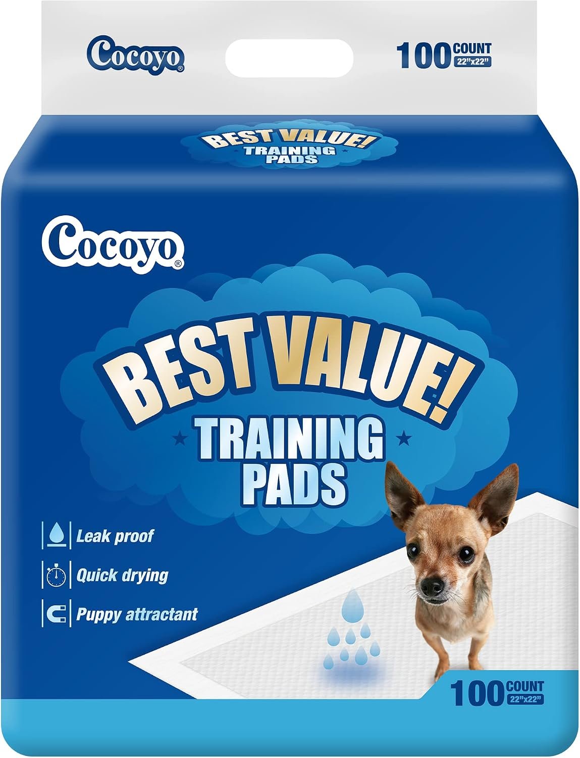 COCOYO Best Value Training Pads, 22″ x 22″, 100 Count, White & Blue Puppy Pads COCOYO Best Value Training Pads, 22″ x 22″, 100 Count, White & Blue Puppy Pads