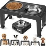 COMESOON Elevated Dog Bowls, 5 Adjustable Heights (3.9″-13.4″) Raised Dogs Food Bowl Stand for Medium Large Sized Dogs, Non-Slip Foldable Travel Pet Feeder Black with Stainless Steel Bowls