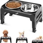 COMESOON Elevated Dog Bowls for Small Medium Dogs, 3 Height Adjustable Raised Stand with 2 Thick 6″ Stainless Steel Food Bowls, Non-Slip Feeder Adjusts to 2.75″, 6″, 7.5″, Black