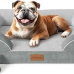 CWAWZ Dog Beds for Large Dogs, Orthopedic Dog Bed with Cooling Gel Memory Foam, Waterproof Large Pet Bed with Removable Washable Cover, 36″ Pet Sofa Couch Dutch Velvet with Bone Toy, Light Gray