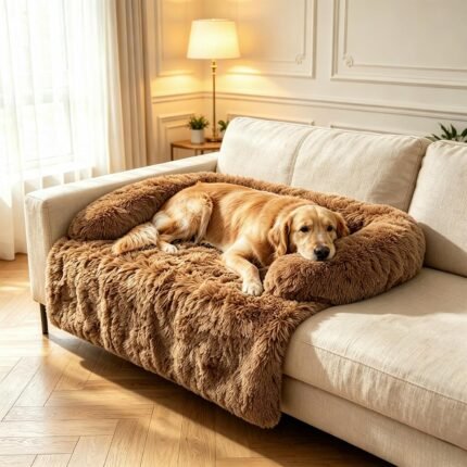 Calming Dog Bed for Couch, Thickened Plush Dog Mat with Raised Bolster
