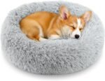 Calming Donut Dog and Cat Bed for Indoor Cats, Anti-Anxiety Round Fluffy Soft Washable Small Pet Bed for Puppy and Kitten, Warming Comfortable Luxury Anti-Slip Waterproof Mute Base 20in Gray