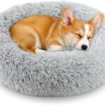 Calming Donut Dog and Cat Bed for Indoor Cats, Anti-Anxiety Round Fluffy Soft Washable Small Pet Bed for Puppy and Kitten, Warming Comfortable Luxury Anti-Slip Waterproof Mute Base 20in Gray