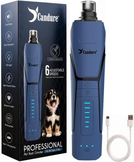 Candure Whisper Quiet Dog Nail Grinder with 360 Degree LED Light, 6-Speed Rechargeable Pet Nail Trimmers with Extra Grinding Head for Safe, Stress-Free Grooming for All Pet Sizes (Dark Blue)
