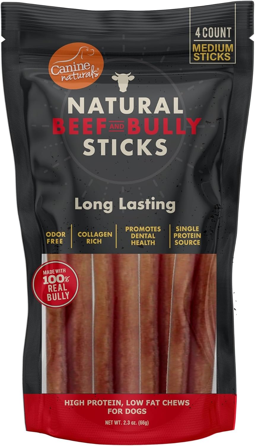 Canine Naturals Beef and Bully Sticks for Dogs, Odor Free, Medium 4 Count Canine Naturals Beef and Bully Sticks for Dogs, Odor Free, Medium 4 Count