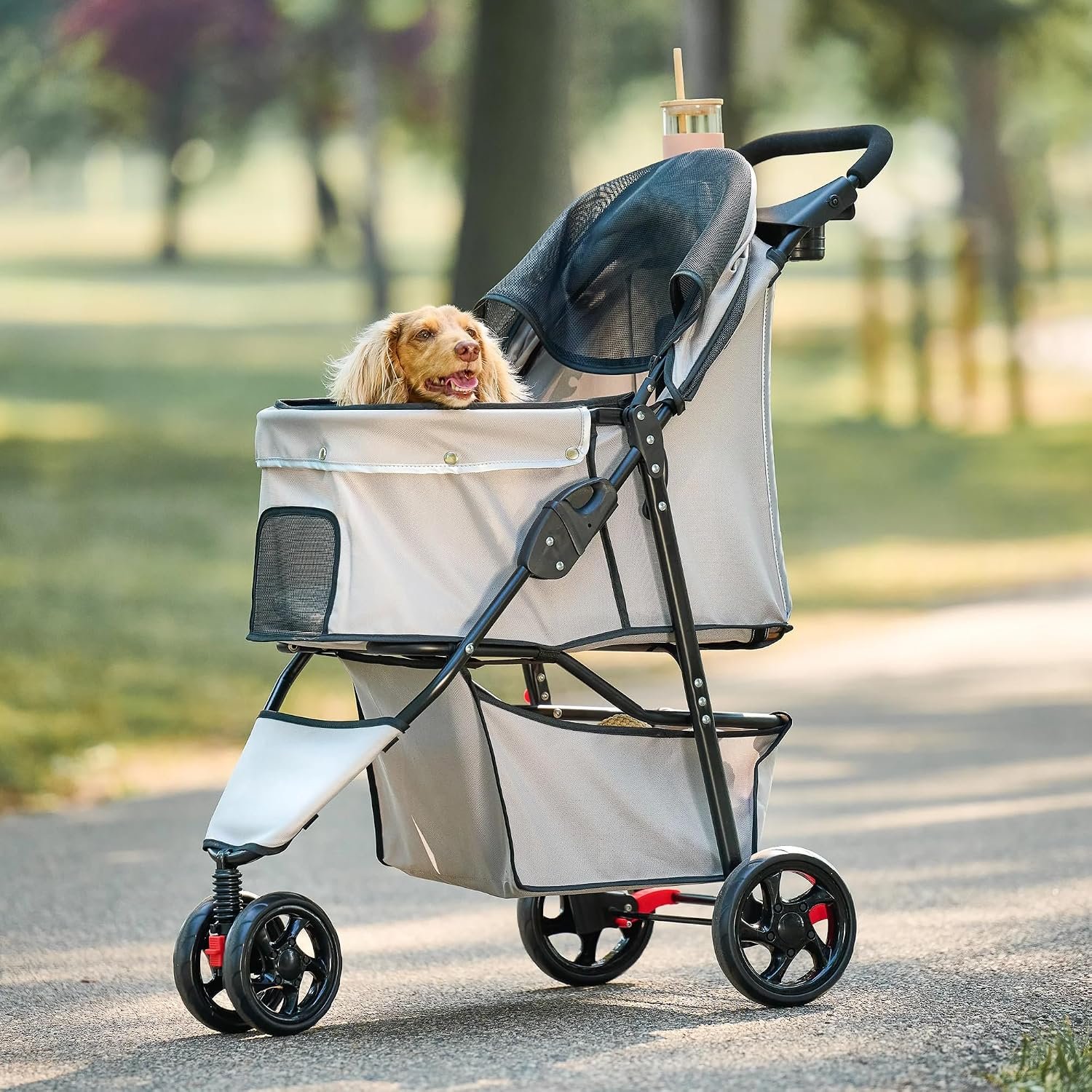 Carlson Pet Products Stroller, Includes 360 Degree Front Wheel Swivel, Rear Wheel Breaks, Reflective Trim, Mesh Panels, Umbrella and Mesh Canopy, Khaki Carlson Pet Products Stroller, Includes 360 Degree Front Wheel Swivel, Rear Wheel Breaks, Reflective Trim, Mesh Panels, Umbrella and Mesh Canopy, Khaki