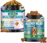 Cat & Dog Health Bundle – Cat Taurine Multivitamin Chews (500 Crunchy Treats) + Dog Allergy Relief Chews with Omega 3 (200 Soft Chews), Support Immune, Skin, Coat, Gut & Joint Health for Cats & Dogs