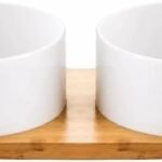Ceramic Small Dog and Cat Bowls-Set of 2 Pet Dishes with Non-Slip Wood Tray