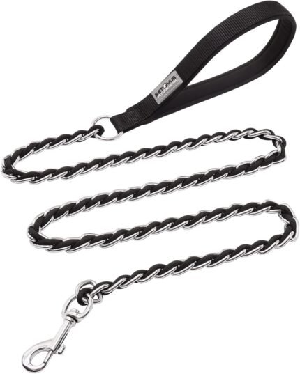 Chain Dog Leash, Bite-Proof Metal Leash, with Padded Handle Black