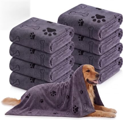 Chumia 8 Pcs Dog Towel for Drying, 55 x 28 Inch, Dog Paw and Bone, Gray