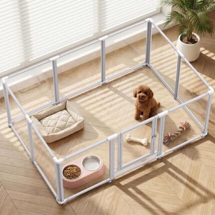 Clear Acrylic Dog Play Pen Indoor Pet Enclosure for Small Dogs & Cats, Outdoor Use with Door, Easy Assemble & Cleaning (White, 24“H, 10-Panel)