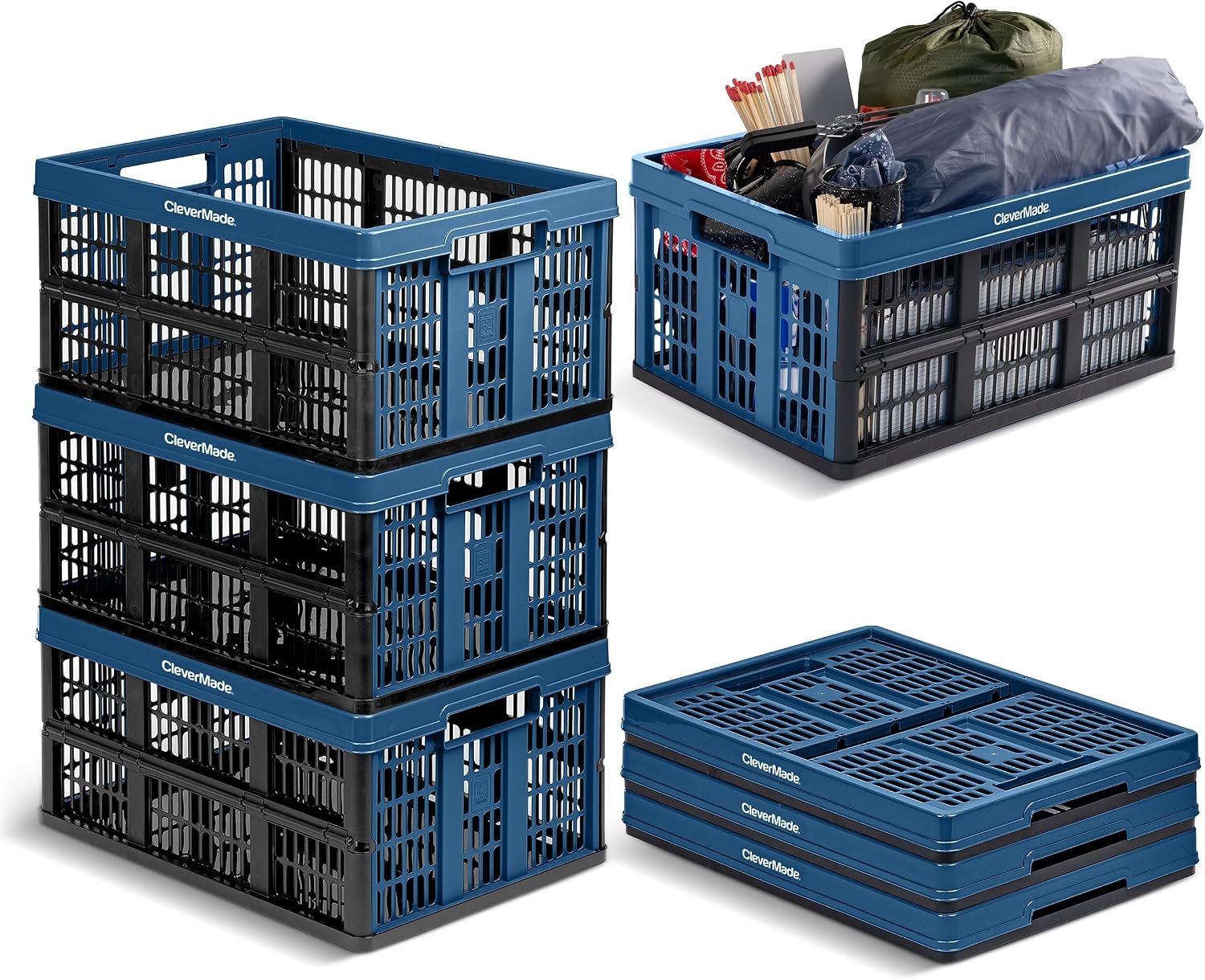 CleverMade Collapsible Utility Crates For Storage, 45L 3 Pack, Ocean CleverMade Collapsible Utility Crates For Storage, 45L 3 Pack, Ocean