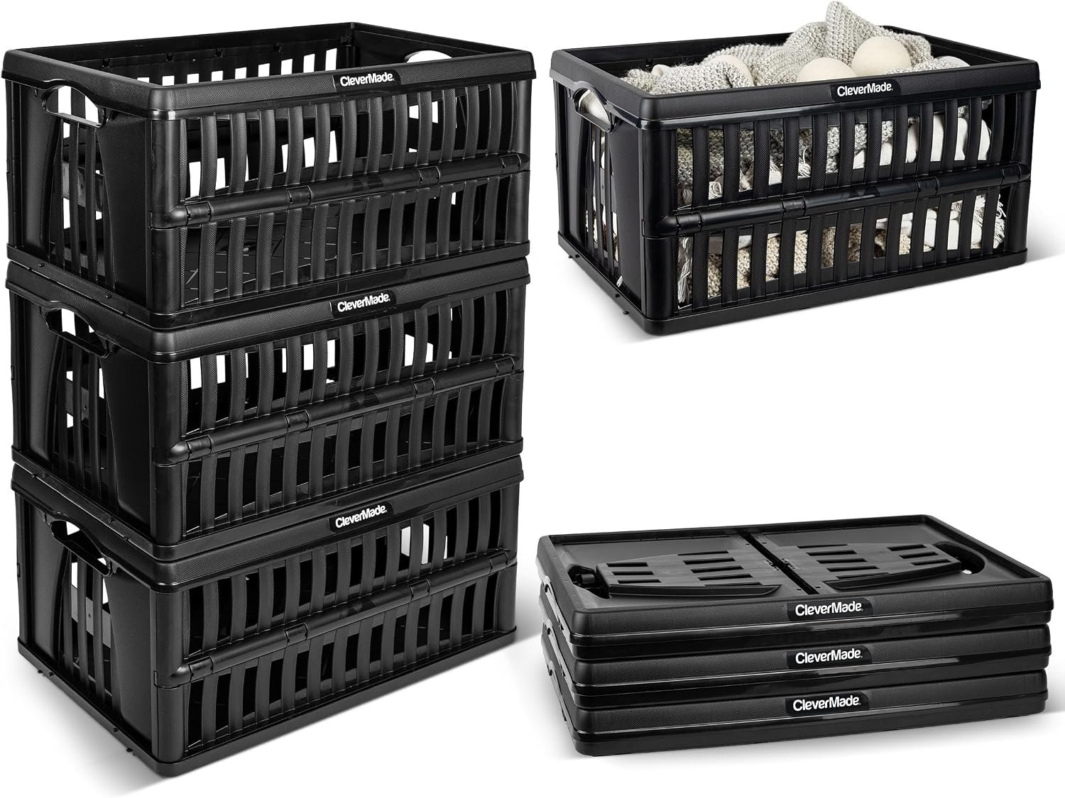 CleverMade Collapsible Utility Crates For Storage, 60L 3 Pack, Obsidian CleverMade Collapsible Utility Crates For Storage, 60L 3 Pack, Obsidian