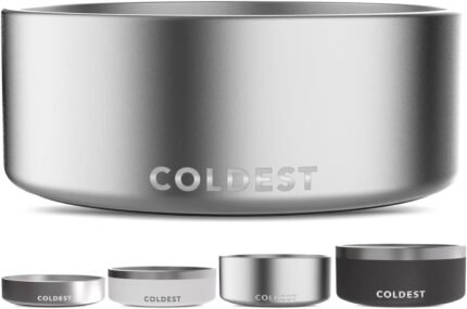 Coldest Dog Bowl – Anti Rust Metal, Non Slip, 3 Layers Insulated Stainless Steel Dog Bowls – Spill Proof & Heavy Duty – Water Bowl for Dogs, Cats, Dish Washer Safe (64 oz, Polished Stainless Steel)