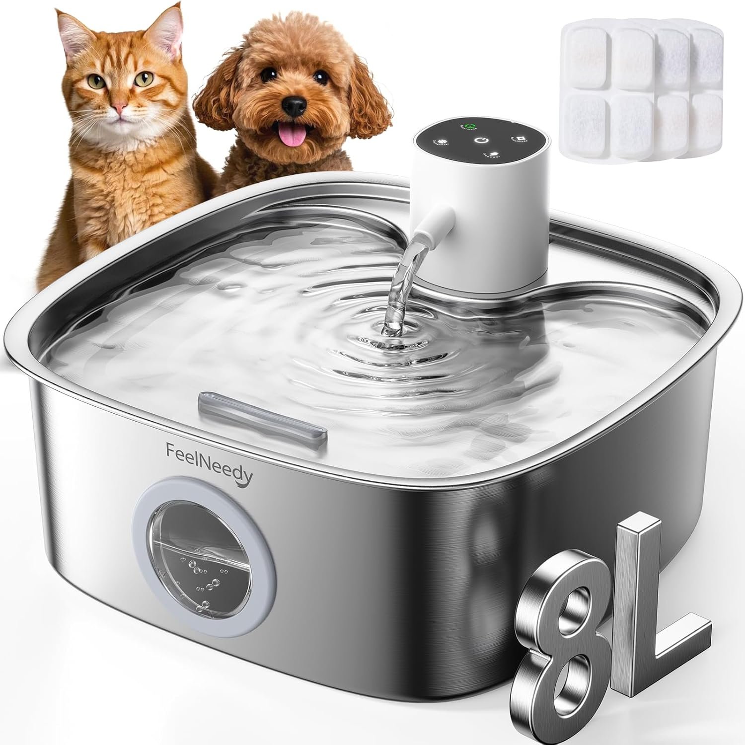 Cordless Wider Tray Dog Water Fountain, 5000mAh Battery Operated Dog Water Bowl Dispenser with 3 Motion Sensor, FEELNEEDY Stainless Steel Pet Water Fountain for Multi-Pets, Easy Setup & Clean, 8L Cordless Wider Tray Dog Water Fountain, 5000mAh Battery Operated Dog Water Bowl Dispenser with 3 Motion Sensor, FEELNEEDY Stainless Steel Pet Water Fountain for Multi-Pets, Easy Setup & Clean, 8L