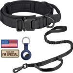 DAGANXI Tactical Dog Collar Leash Set, Adjustable Military Training Nylon Dog Collar with Controll Handle and Heavy Metal Buckle for Medium and Large Dogs，with Patches and Airtags Case (L, Black-Set)