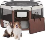 DONORO Dog Playpen 46" Portable Pet Play Pens for Small Medium Dogs, Foldable Exercise Kennel Tent Crate Indoor/Outdoor Travel Camping, Removable Top/Bottom (Brown, Large (46"x46"x23"), 8)