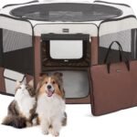 DONORO Dog Playpen 46″ Portable Pet Play Pens for Small Medium Dogs, Foldable Exercise Kennel Tent Crate Indoor/Outdoor Travel Camping, Removable Top/Bottom (Brown, Large (46″x46″x23″), 8)