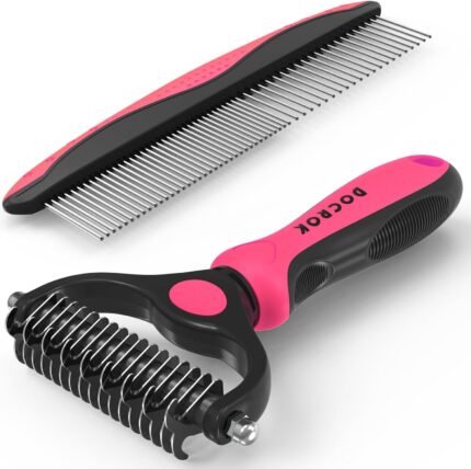 Docrok Pet Grooming Brush and Metal Comb Combo for Dogs & Cats, Pink