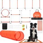 Dog Agility Course Backyard Set, Dog Agility Equipment, Pet obstacle Course Backyard with 6 Dual Mode Weave Poles, 2 Adjustable Hurdle, Jump Ring, Tunnel, Pause Box, Toy Balls and 2 Carrying Bags