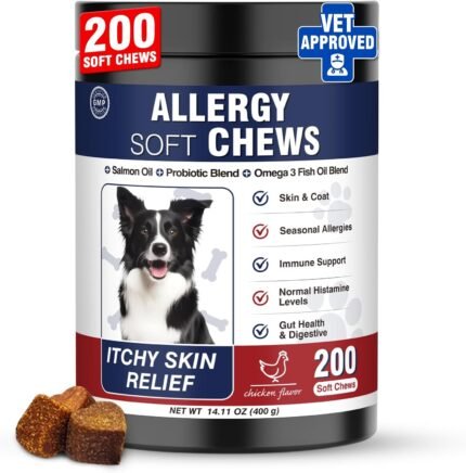 Dog Allergy Chews 200 Treats, Dog Allergy and Itching Skin Relief Bites Immune Support Dogs Probiotics for Yeast, Itchy Skin and Itchy Ears Anti Itch Licking Paws Treatment for Dogs Chicken Flavor