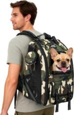 Dog Backpack Carrier with Ergonomic Support, Padded Straps and Ventilation, Hiking Pet Backpack with Safety Tethers, Reflective Trim and Waist Support, Up to 18lbs（Camouflage）